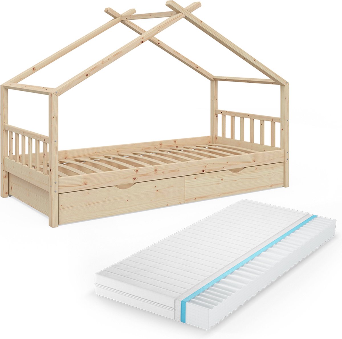 Vitalispa Design House Bed – 90x200 cm with 2 drawers and mattress Natural wood
