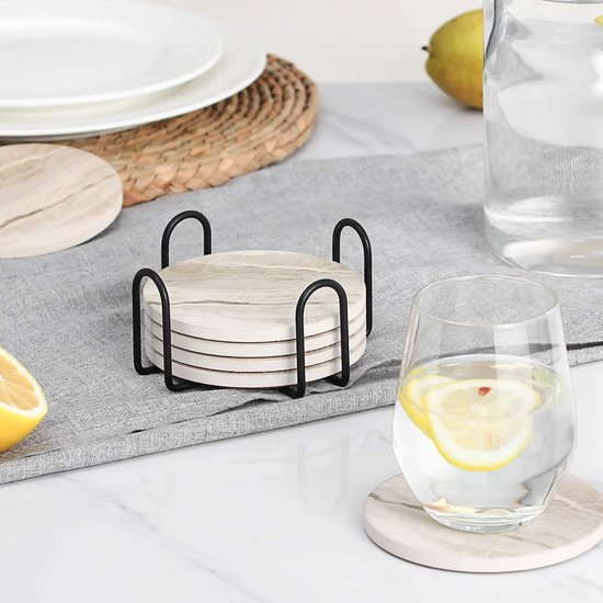 Ensemble de dessous de verre avec support en métal - fonctionnel et élégant - 6 pièces - aspect marbre - céramique