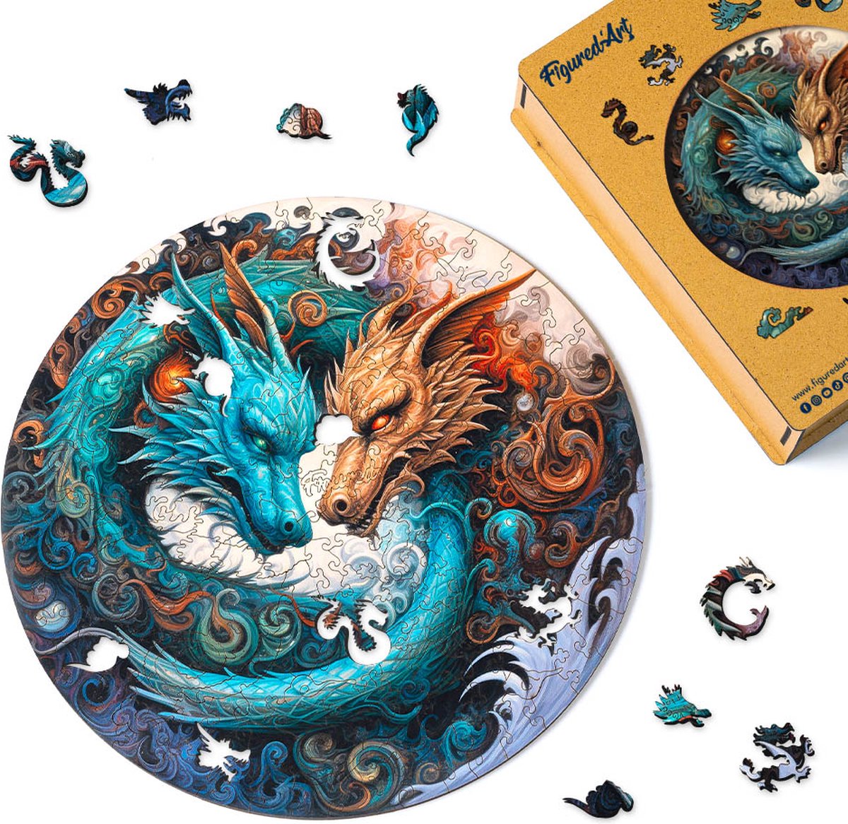 Figured'Art Houten Puzzel 200 Stukjes Volwassenen en Kinderen - Dieren - Drakenduo - Uniek Design 28,5x28,5 cm met Premium Houten Doos, Perfect als Cadeau