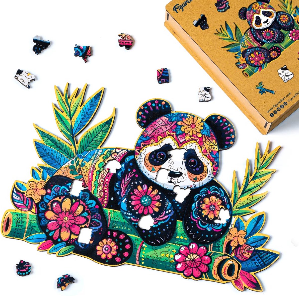 Figured'Art Houten Puzzel 200 Stukjes Volwassenen en Kinderen - Dieren - Bloemenpanda - Uniek Design 34x22,5 cm met Premium Houten Doos, Perfect als Cadeau