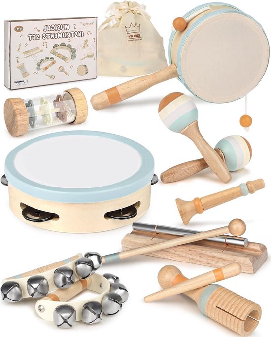 Drumstel van hout voor kinderen, kinderspeelgoed, houten speelgoed, trommelset, xylofoon voor kinderen, 10-in-1 muziekinstrumenten, Montessori- speelgoed, cadeaus voor 1, 2, 3, 4, 5, meisjes en jongens