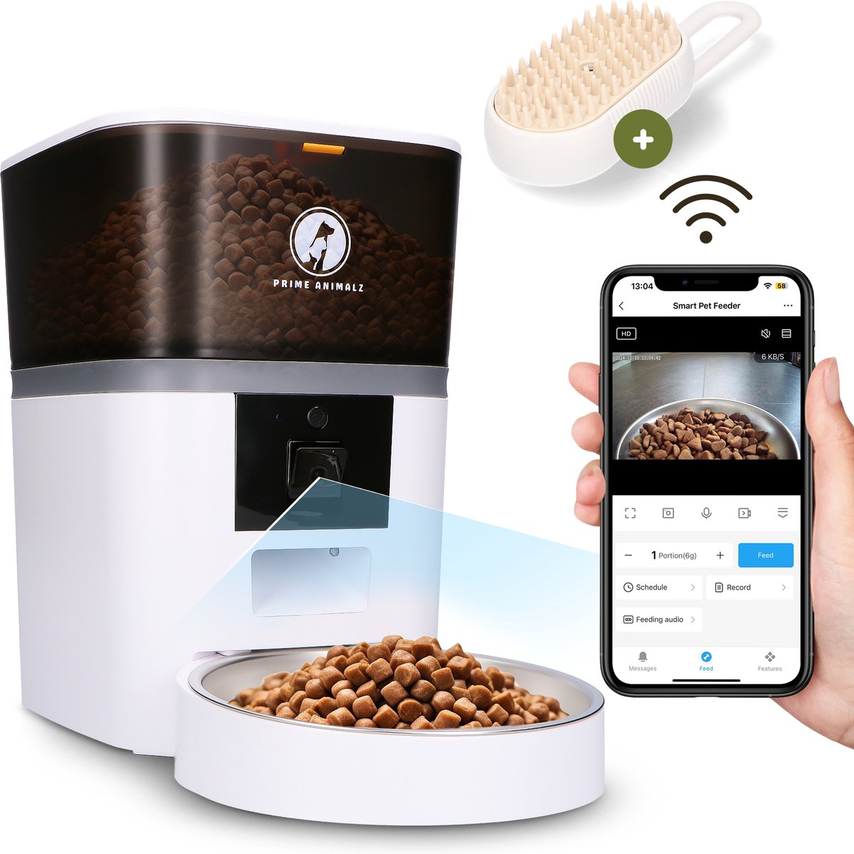 Afbeelding 2 van Prime AnimalZ Automatische Voerbak met stoomborstel voor kat en hond - Voerautomaat Dispenser - Voerbak kat Enkel - met Camera - Full HD 1080P Camera met night vision - Two-way Audio - 4L- Wit