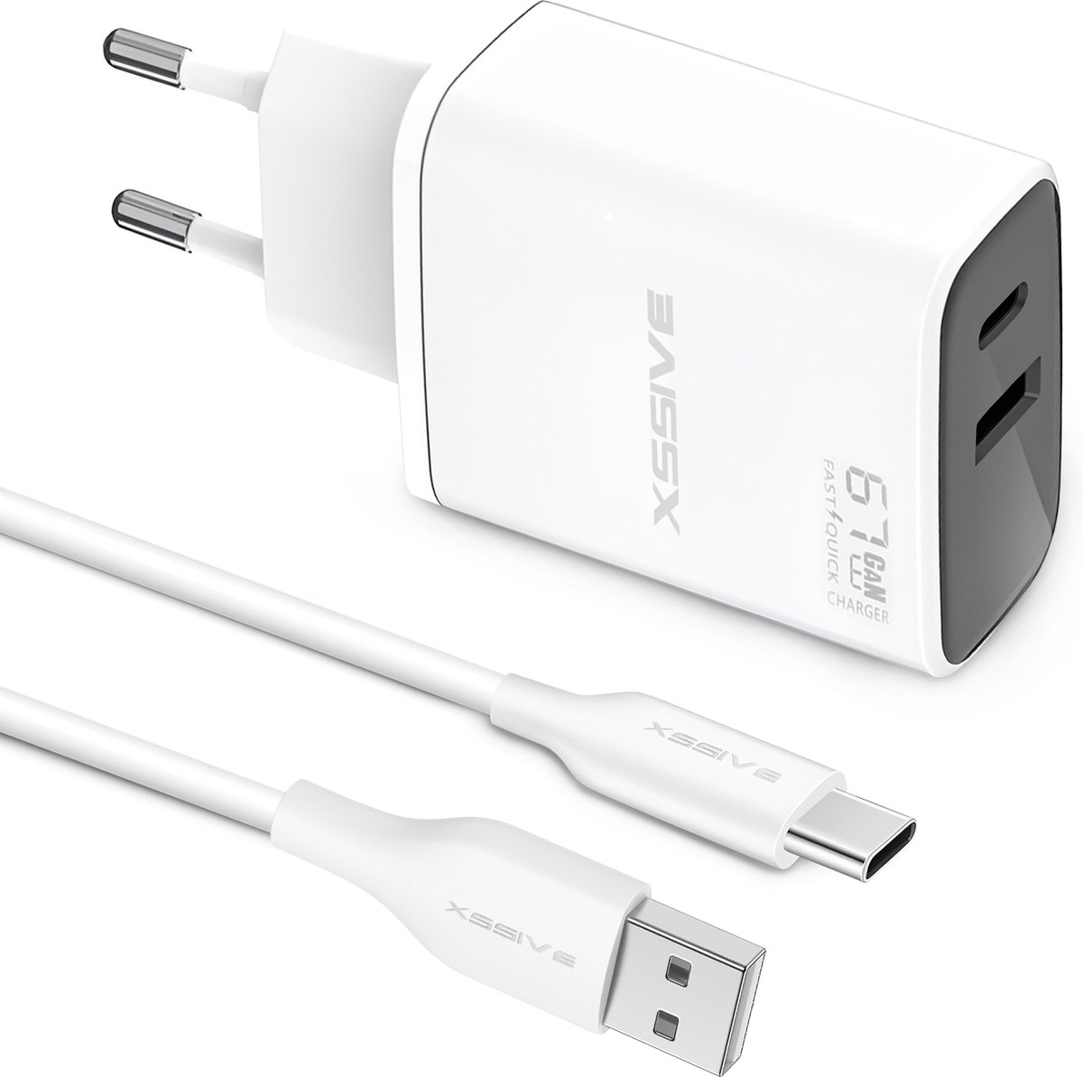 Oplaadstekker met USB C Kabel - Twee Poorten - USB-C + USB-A - 1 Meter - Geschikt voor Google, Samsung, iPhone 16 etc.,
