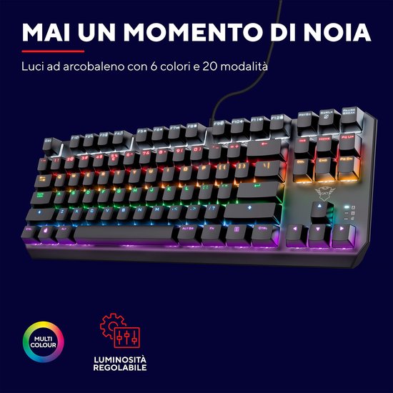 Zwart gamingtoetsenbord met arc-boogverlichting, 6 kleuren en 20 modi.