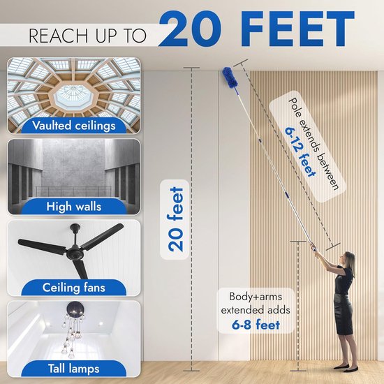 Uitschuifbare Microfiber Duster Extension Rod | Plafond Ventilator Duster 20 Voet Reach | Cobweb 3-Stage Aluminium Telescopische Paal | Lichtgewicht Webster Telescopische Reiniging Tool | U.S. Duster Co