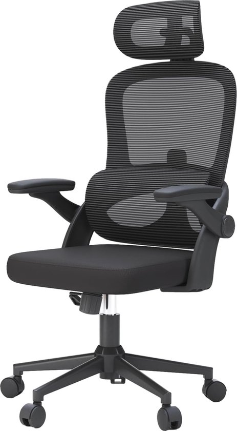 Chaise de bureau ergonomique avec dossier haut et accoudoirs réglables – Chaise d'ordinateur pivotante avec soutien lombaire et appui-tête – Zwart