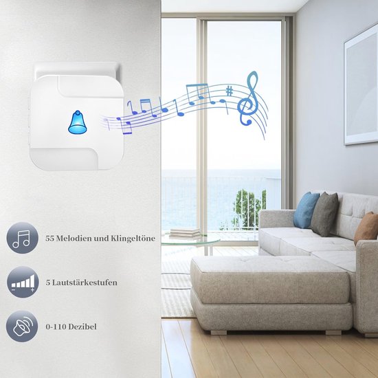 SURFOU Draadloze deurbel, 300 m, waterdicht, elektronische bel, belset met ontvangers voor thuis, 55 melodieën, 5 volumeniveaus, led, blauw, wit