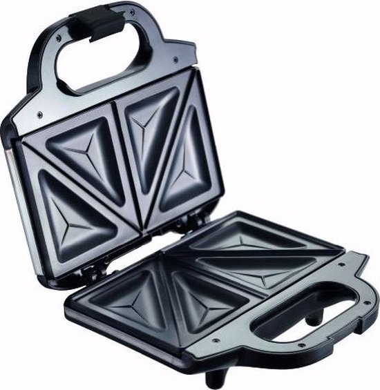 RVS en zwart tosti-apparaat met vier driehoekige, antiaanbak bakplaten.