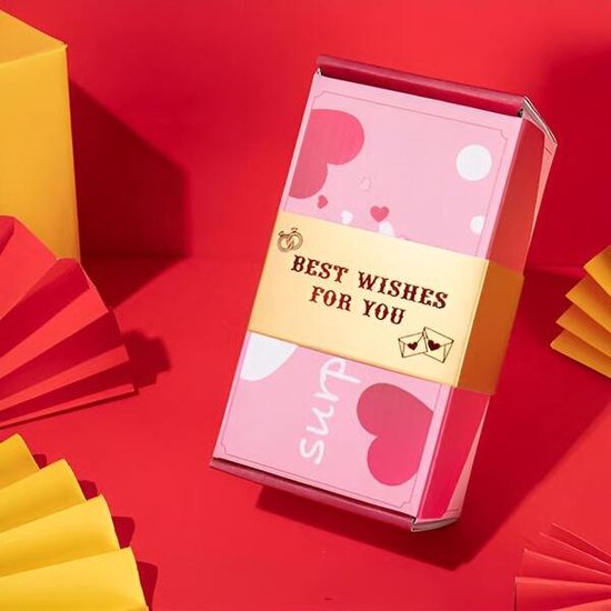 Roze geschenkdoos met hartjes, ballonnen, confetti en de tekst 'BEST WISHES FOR YOU'.