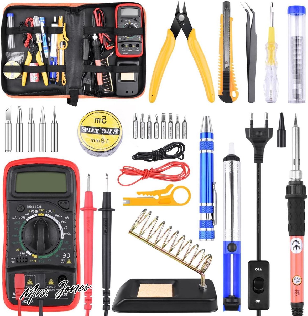 Mrs. Jones 60W Soldeerbout Set met Digitale Multimeter en Temperatuurregeling 24-delig_ivoor .