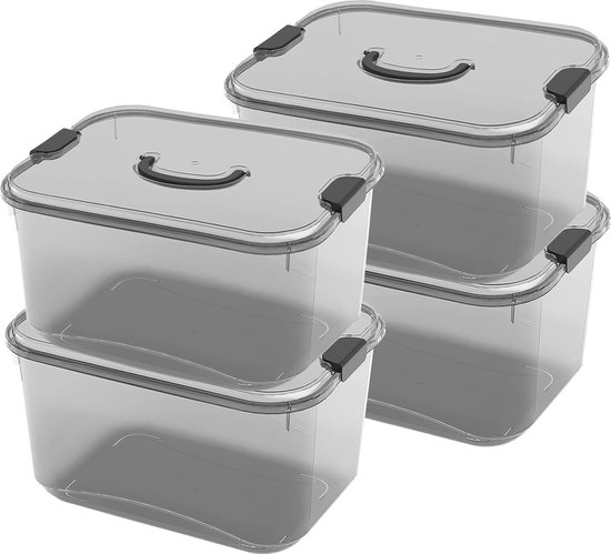 HOHAOO Kunststof opbergdoos met deksel, 4 stuks 25 liter opbergdozen, doorzichtige stapelbare opbergbak met vergrendelende gespen en deksels voor thuis en op kantoor