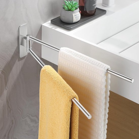 Dubbele handdoekhouder zonder boren - Draaibare zelfklevende handdoekstang voor badkamer en keuken - 40 cm zilver — afbeelding 4