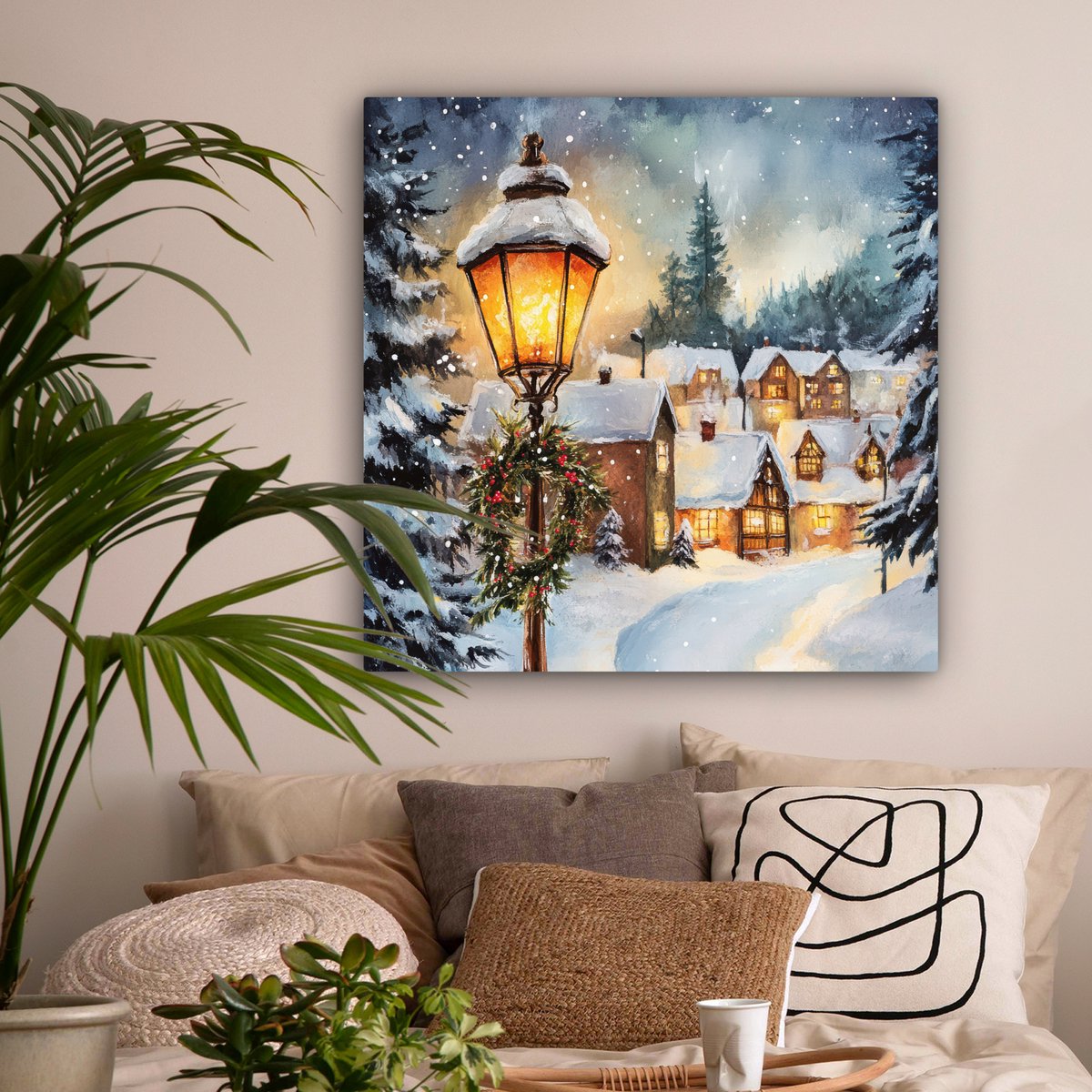 Canvas schilderij 90x90 cm - Wanddecoratie Kerstdorp - Huizen - Sneeuw - Kerst - Muurdecoratie woonkamer - Slaapkamer decoratie - Kamer accessoires - Schilderijen op canvas - Kerstdecoratie voor binnen - Kerstversiering - Kerstmis versiering – foto 4