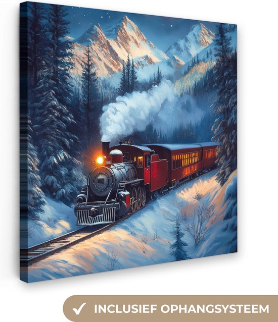 Canvas schilderij 20x20 cm - Wanddecoratie Trein - Kerst - Sneeuw - Kersttrein - Muurdecoratie woonkamer - Slaapkamer decoratie - Kamer accessoires - Schilderijen op canvas - Kerstdecoratie voor binnen - Kerstversiering - Kerstmis versiering