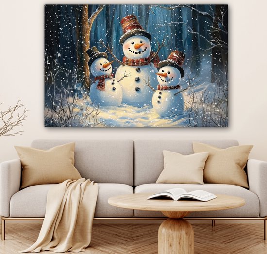 Canvas schilderij 150x100 cm - Wanddecoratie Sneeuwpop - Sneeuw - Winter - Bos - Muurdecoratie woonkamer - Slaapkamer decoratie - Kamer accessoires - Schilderijen op canvas