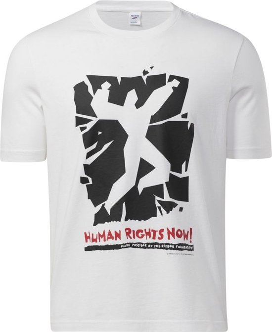 Wit Reebok T-shirt met een gebarsten zwart vlak met een silhouet en de tekst 'HUMAN RIGHTS NOW!'