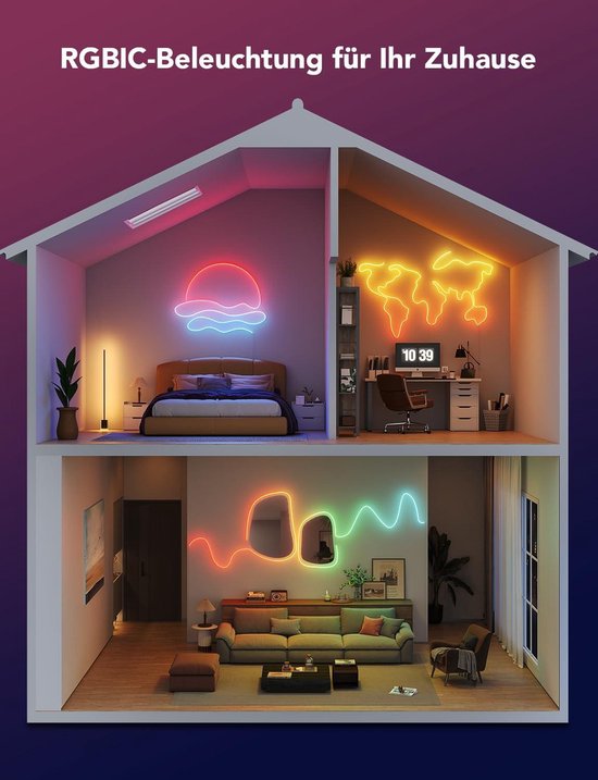 Govee Neon Rope Light 2, 5m RGBIC Neon LED Strip Lights met vormtoewijzing, werkt met Matter, Alexa en Google Assistant, voor wanddecoratie