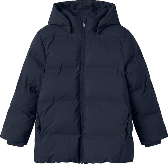 Veste d'hiver matelassée bleu marine avec capuche et fermeture éclair, vue de face.
