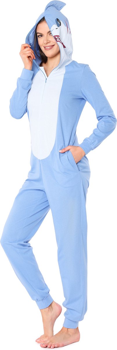Ladeheid Dames Overal slapen Pyjama - met Capuchon - Lange mouwen - Lange broek - Katoen - LA-LA40-234-PJ - Blauwe Haai