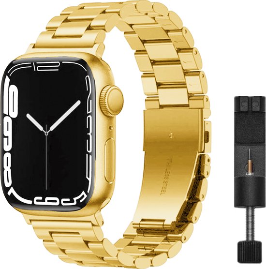 Gouden metalen bandje op Apple Watch met horloge inkorter ernaast.