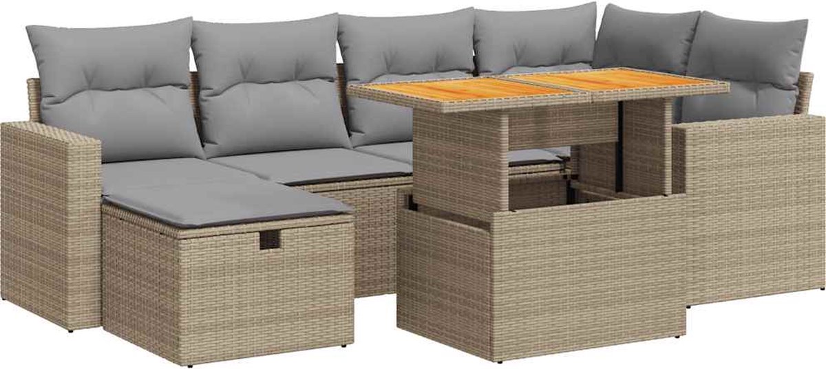 vidaXL 8-delige - Loungeset - met - kussens - poly - rattan - acacia - beige lichtgrijs