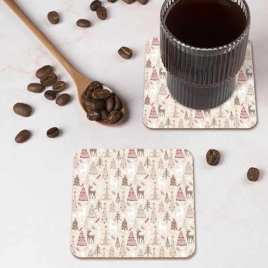 Sous-verres verres pour verres - Sapin de Noël - Rennes - Beige - Motifs - Noël - 10x10 cm - Sous-verres en verre - 6 pièces - Décoration de table de Noël - Décoration de table de Noël - Décoration de table