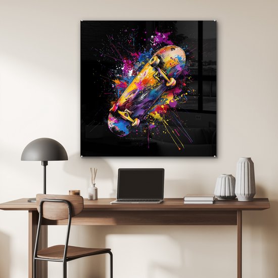 MuchoWow® Glasschilderij 90x90 cm - Schilderij acrylglas - Graffiti - Sport - Skateboard - Skate - Foto op glas - Muurdecoratie woonkamer - Wanddecoratie slaapkamer - Schilderijen