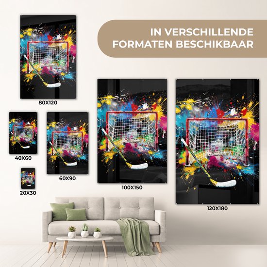 MuchoWow® Glasschilderij 100x150 cm - Schilderij acrylglas - Graffiti - Sport - IJshockey - Hockey goal - Foto op glas - Muurdecoratie woonkamer - Wanddecoratie slaapkamer - Schilderijen