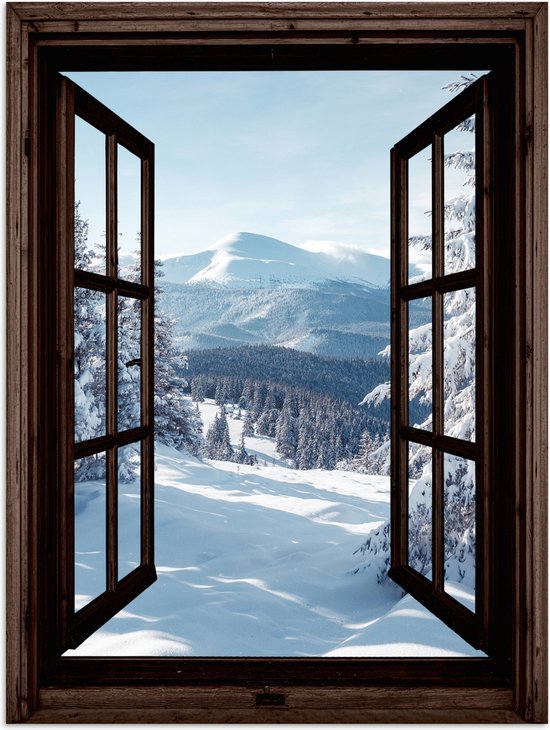 Poster 90x120 cm - Winter - Landschap - Natuur - Berg - Bomen - Doorkijk - Uitzicht - Posters - Kamer decoratie - Wanddecoratie woonkamer - Muurdecoratie slaapkamer