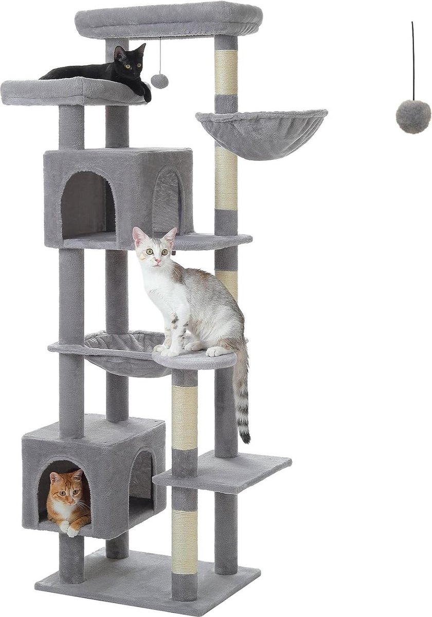Kattenboomtoren met meerdere niveaus en 5 sisal-krabpalen voor binnenkatten – Grijs, activiteitencentrum voor katten met appartementen, mand, hangmat en pluche zitstokken – 175 cm