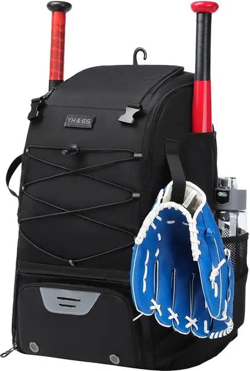 Ariqo Honkbaltas - Honkbal tas - Baseball Bag - Rugtas - Lichtgewicht - Plek voor Helm en 2 Knuppels - 43L - Zwart