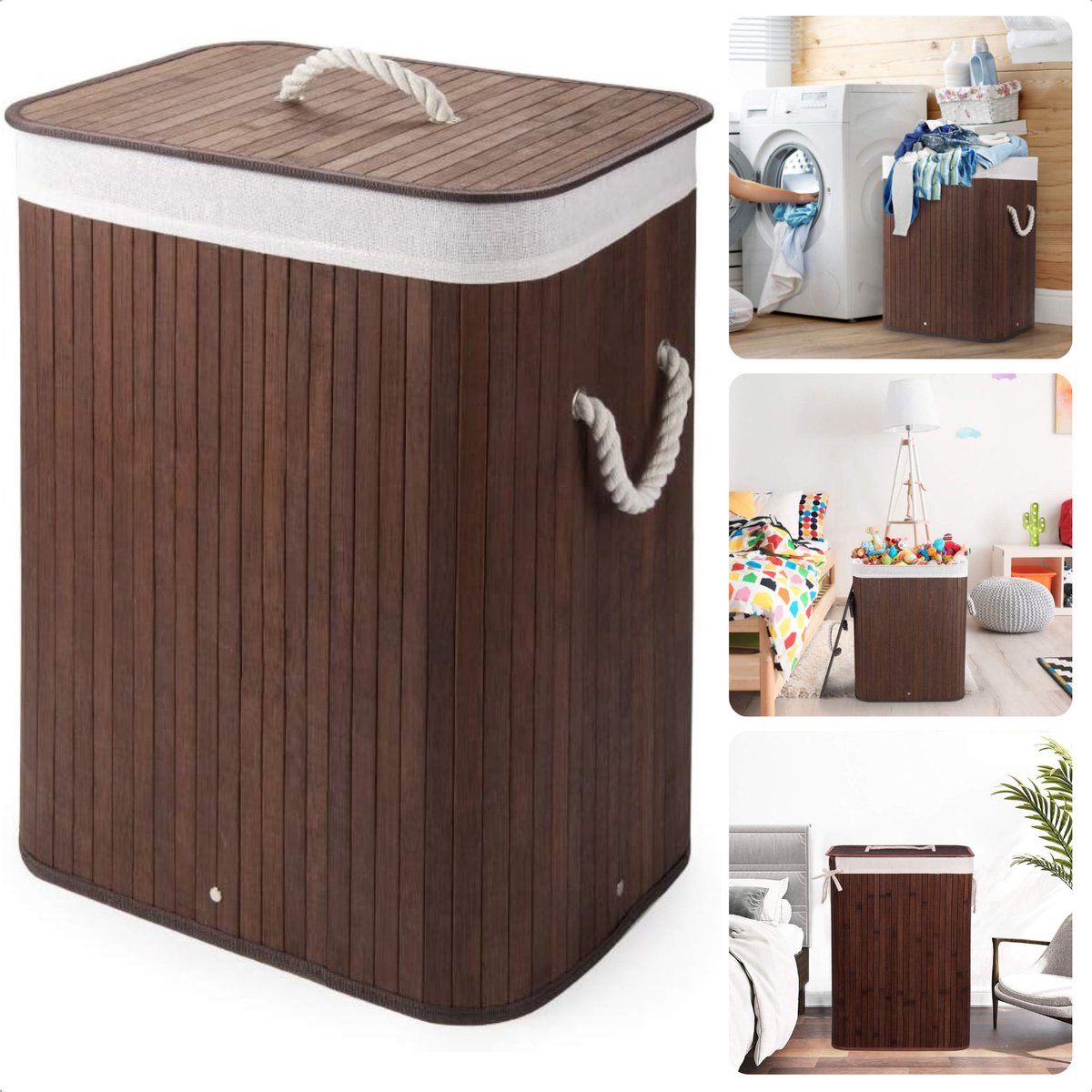 Bamboe Wasmand met Waszak - Opvouwbaar Met Deksel - Wassorteerder - 72L - Bruin
