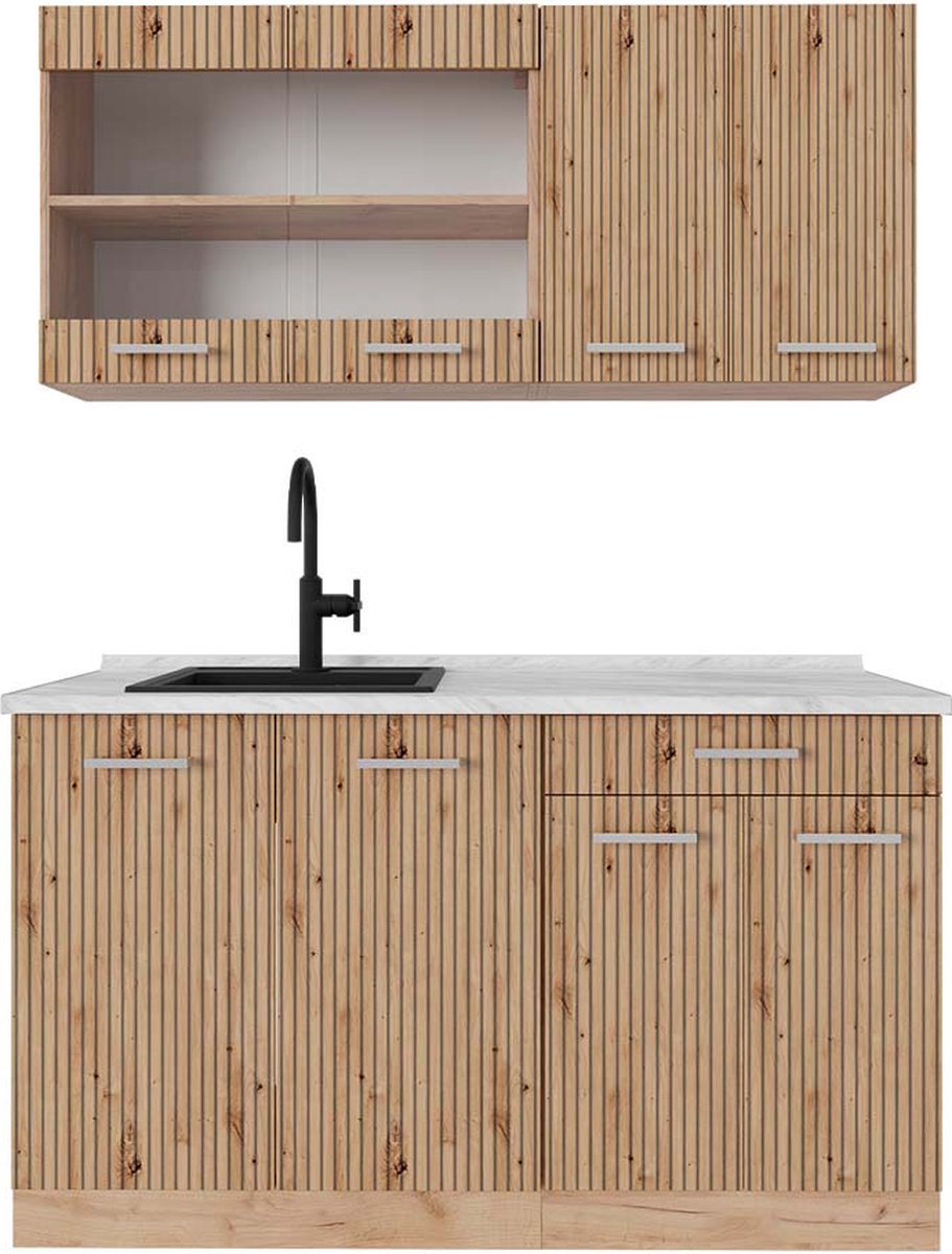 Vicco R-Line Eenpersoonskeuken – 140 cm, WB Marmer Artisanaal eiken/Goudkraft eiken