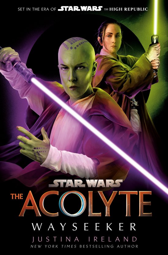 Star Wars: The Acolyte: Wayseeker, met twee Jedi met lichtzwaarden: een met groene huid en een met donker haar.