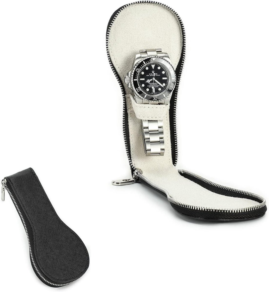 Horloge Case Echt Saffiano Lederen Opbergdoos - Draagbare Rits Horloge Organizer (zwart)