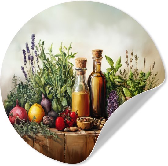 WallCircle® - Behangcirkel 100x100 cm - Muurstickers Stilleven - Kruiden - Specerijen - Fruit - Kleurrijk - Muurcirkel woonkamer - Wandcirkel slaapkamer - Kamer decoratie zelfklevend - Muurdecoratie accessoires XXL