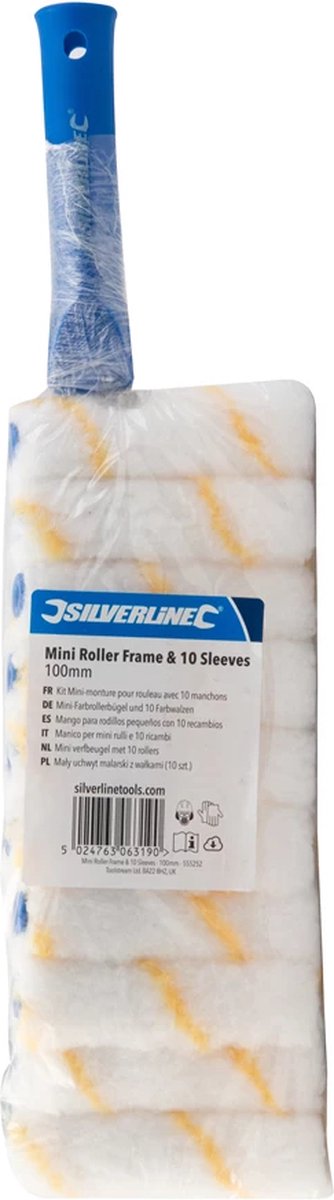 Silverline Mini verfbeugelset - staal - acrylrollers 25 × 110 × 25 mm - wit - 10 stuks - voor detailwerk, deuren en kozijnen