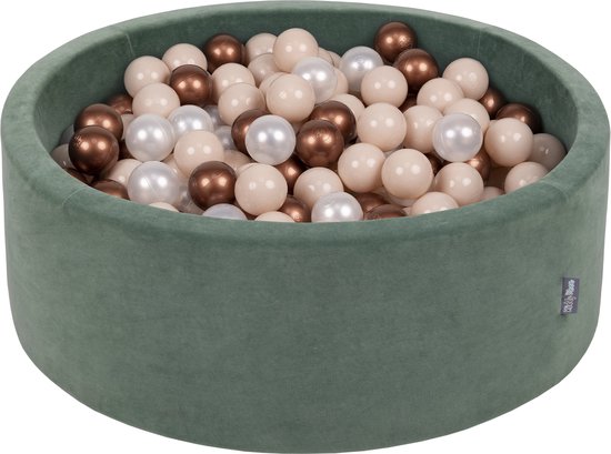 KiddyMoon rond ballenbad fluwelen ballenbad 90x30cm/200 ballen ∅ 7cm ballenbakken voor baby's speelbad peuters, made in the eu, forest green: pastel beige/koperrood/parelmoer van KiddyMoon — afbeelding 2