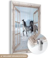 MuchoWow® Glasschilderij 120x160 cm - Schilderij acrylglas - Doorkijk - Paarden - Winter - Dieren - Natuur - Wit - Foto op glas - Muurdecoratie woonkamer - Wanddecoratie slaapkamer - Schilderijen