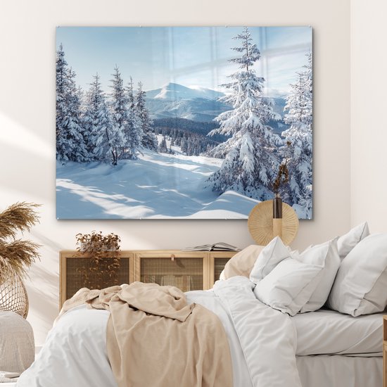 MuchoWow® Peinture sur verre 160x120 cm - Peinture sur verre acrylique - Paysage d'hiver - Nature - Berg - Arbres - Neige - Photo sur verre - Décoration murale salon - Décoration murale chambre - Peintures