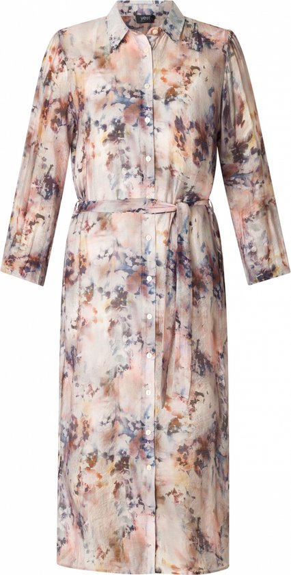 Yest overhemdjurk in beige met abstracte, veelkleurige bloemenprint, lange mouwen en ceintuur.
