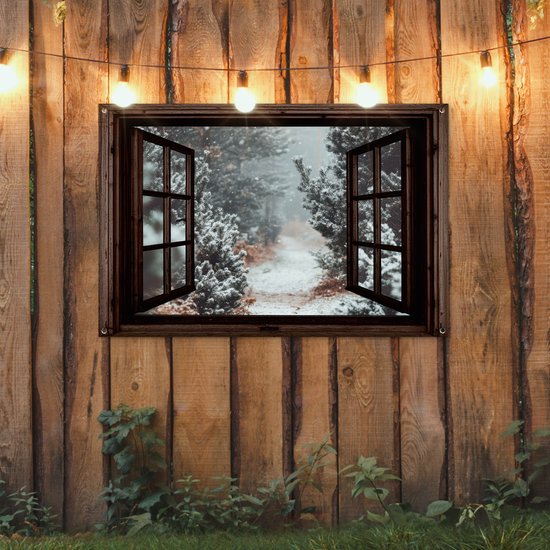 Affiche de jardin Forêt - Hiver - Arbres - Nature - Chemin - Vue - 120x80 cm - Toile de jardin - Affiche extérieure