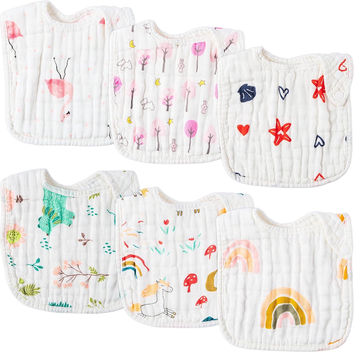 Goedkoopste JGS ® Zachte en Ademend Katoenen Slabbetjes Set voor Baby's, Meisjes en Jongens, Verstelbare Drukknopen, 6 Stuks