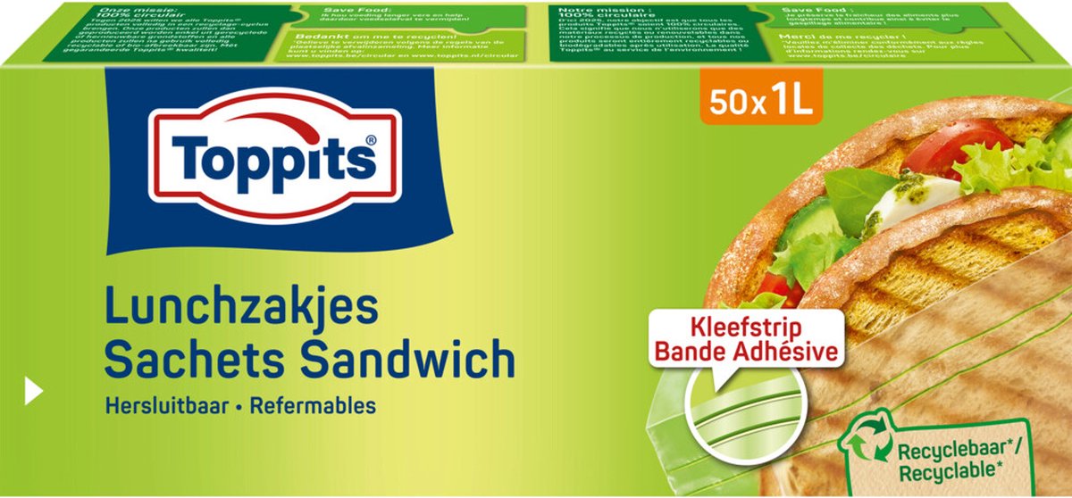 3x Toppits Lunchzakjes Hersluitbaar 1 liter 50 stuks