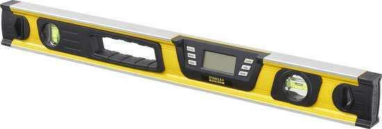 Gele Stanley FatMax digitale waterpas van 60 cm met een digitaal display en twee bubbelniveaus.