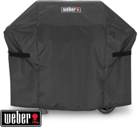 Zwarte Weber grillhoes met klittenband aan de zijkanten en logo.