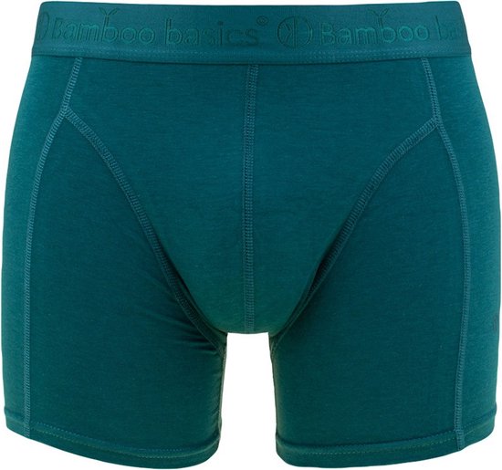 Boxer Bamboo Basics de couleur vert pétrole profond avec une ceinture élastique bleu-gris ornée du logo.