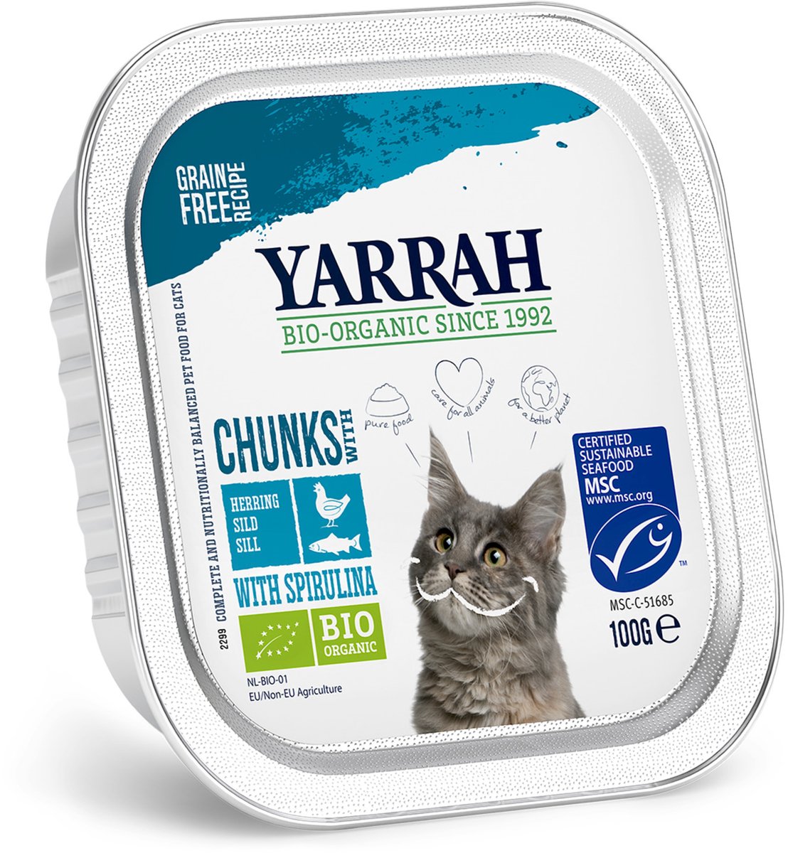 6x100g biologisch chunks Vis met Spirulina Yarrah Kattenvoer