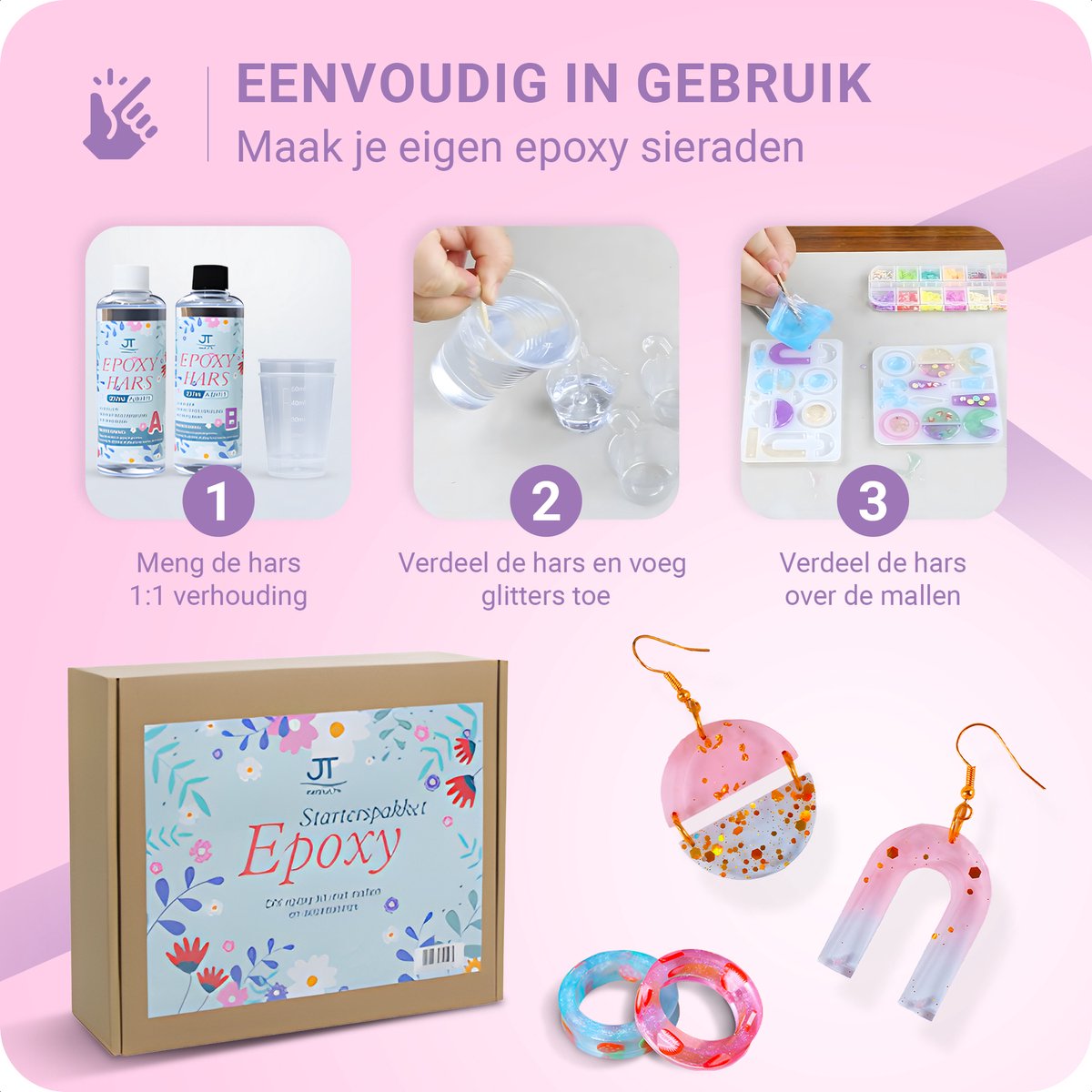 JT Products Epoxy Starterspakket - Zelf Sieraden Maken - Giethars - Epoxy Starterskit - Sieraden, Ketting, Oorbellen, Armband, Ring, Sleutelhanger - Epoxy Resin - Epoxy Hars - Sieraden Maken Set - Sinterklaas Cadeau — cadeau in Hobby - foto 7