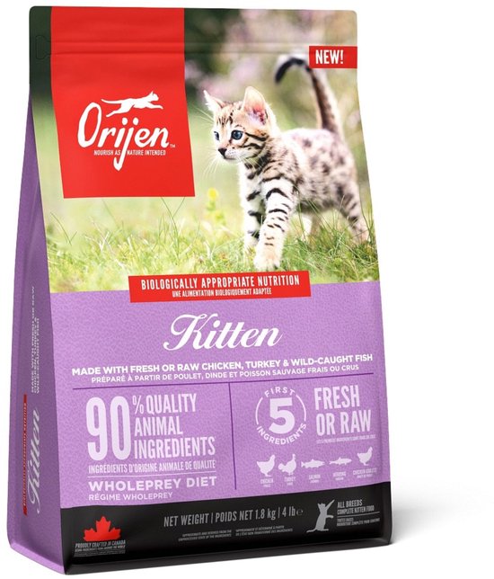 Zak Orijen kattenvoer 'Kitten' met een beeld van een lopend katje in gras, met de tekst 'Biologically Appropriate Nutrition'.